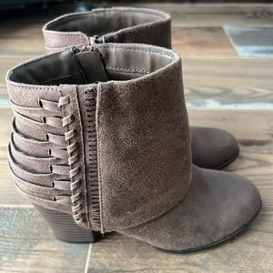 Womens Fergalicious Faux Suede Heeled Ankle Bootie